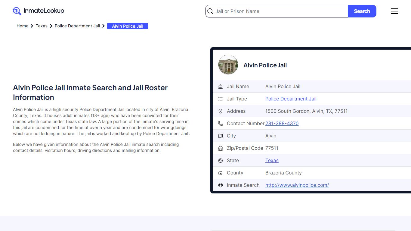 Alvin Police Jail Inmate Search and Jail Roster Information - Inmate Lookup