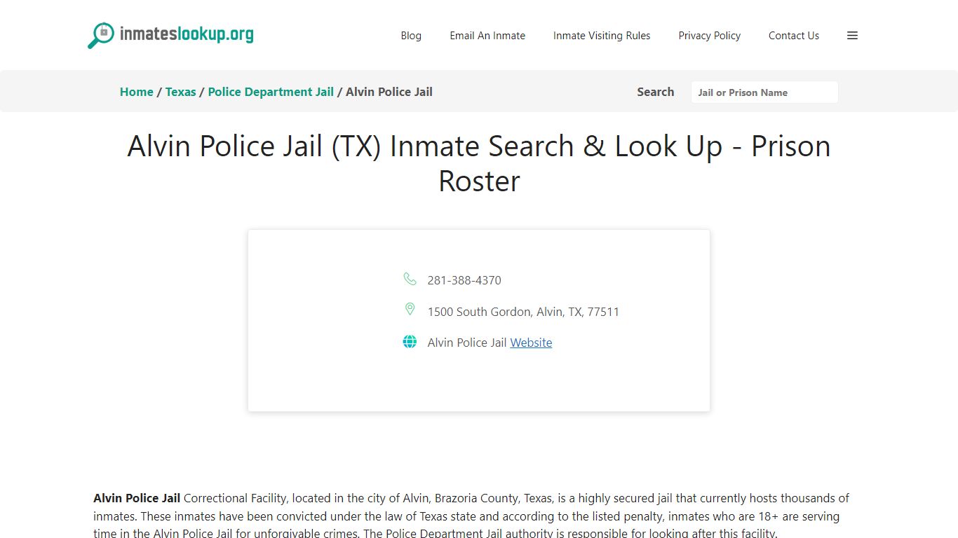 Alvin Police Jail (TX) Inmate Search & Look Up - Prison Roster